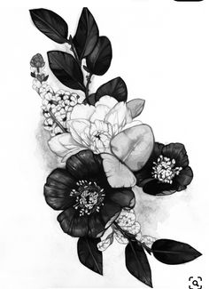 black and white drawing of flowers with leaves