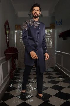 Shop for YAJY by Aditya Jain Blue Valmi Embroidered Sherwani And Trouser Set for Men Online at Aza Fashions Party Wear Unstitched Sherwani With Zari Work, Fitted Party Wear Kurta With Mirror Work, Designer Party Wear Sherwani With Resham Embroidery, Designer Resham Embroidery Sherwani For Party, Fitted Embellished Unstitched Suit For Eid, Diwali Party Wear Sherwani With Resham Embroidery, Party Wear Fitted Kurta With Dabka Work, Fitted Party Wear Kurta With Dabka Work, Fitted Suits With Dabka Work For Eid