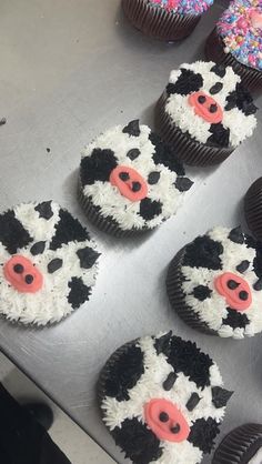 cupcakes decorated with black, white and pink frosting are on a tray