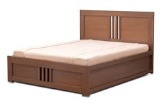 a wooden bed frame with no sheets on it and two drawers under the headboard