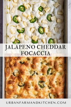 Uncooked and cooked focaccia featuring cheese and jalapenos. Jalapeños Bread Recipes, Focaccia Bread Appetizers, Garlic And Herb Foccacia Bread, Easy Faccocia Bread, Jalapeno Cheddar Focaccia, Flavored Focaccia Bread, Facassica Bread, Jalapeno Cheddar Focaccia Bread, Focaccia Bread Flavors