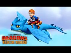 a boy riding on the back of a blue dragon in front of a cloudy sky