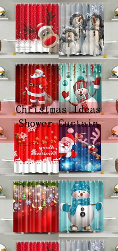 christmas themed shower curtains with santa claus and snowman on them, all in different colors