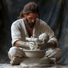 a man with long hair and beard is making a bowl out of clay on a table