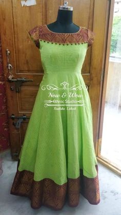 Green Long Dress Indian, Narayanpet Long Frocks, Saree Reuse, Saree Gowns