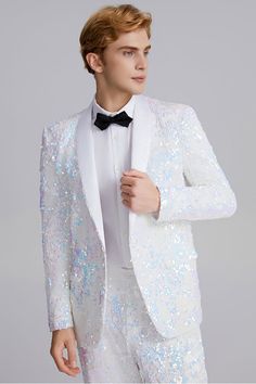 Luxury Fitted White Tuxedo, Festive White Formal Tuxedo, Elegant Festive Sequin Tuxedo, Men’s White Tuxedo Jacket, Luxury White Single-breasted Tuxedo, Glitter Suit, Prom Date, Red Carpet Party, Classic Tuxedo