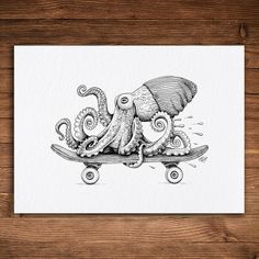 an ink drawing of an octopus on a skateboard with a hat and eye glasses