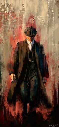 a painting of a man in a suit and hat walking down the street with a cane