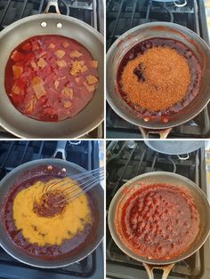 four pictures showing how to make an enchilada sauce in a skillet