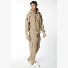 Men's Fleece Pullover Hoodie With Kangaroo Pocket And Matching Adjustable Drawstring With Lose Fit Cargo Fleece Jogger Pants With Pockets On The Side With Velcro Closure, 2 Back Pockets And Side Pockets. Casual Outdoor Tracksuit With Pockets, Casual Tracksuit With Pockets For Outdoor, Casual Hooded Tracksuit For Outdoor Activities, Casual Winter Tracksuit For Outdoor Activities, Casual Fleece Tracksuit With Pockets, Casual Sweatpants With Kangaroo Pocket For Streetwear, Casual Fall Tracksuit For Outdoor, Pants With Pockets, Jogger Set