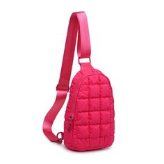 a small pink bag with a strap around it's neck and two zippers on the side