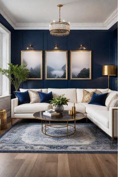 a living room with blue walls and white furniture