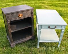 two nightstands sitting in the grass next to each other