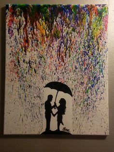 a painting of two people holding an umbrella in the rain with colorful splatters