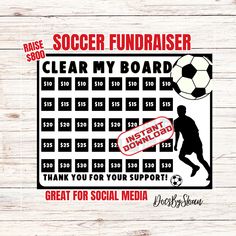 a soccer fundraiser sign with the words, clear my board thank you for your support