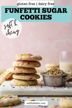 Five gluten free funfetti cookies stacked on a cutting board next to a pile of sprinkles. Funfetti Sugar Cookies, Dairy Free Sugar Cookies, Cookies With Sprinkles, Sugar Cookies With Sprinkles, Strawberry Sugar Cookies, Drop Cookie, Drop Cookie Recipes