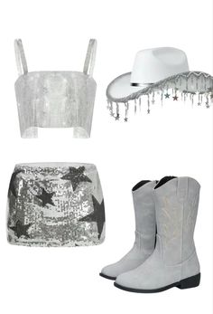 four different styles of clothing and accessories including boots, bras, skirts, hats