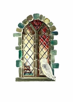 a watercolor painting of a window with a bird sitting on the ledge