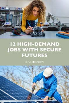 two women working on solar panels with the words, 12 high - demand jobs with secure future