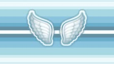 two white angel wings on a blue striped background