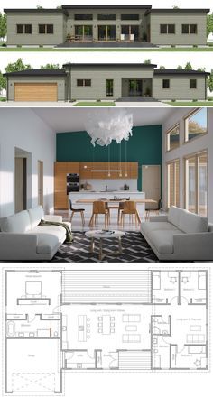 three different views of a living room and dining room in one image, the kitchen is on the other