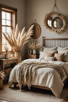 a bedroom with a large bed and two mirrors above it's headboard, in front of a window