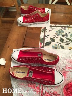 DIY Glitter Converse All Stars or There’s No Place Like Home | Home Everyday Rhinestone Converse Diy, How To Bling Converse Diy, Ideas For Art Projects, Bling Converse Shoes, Wedding Shoes Ideas, Trendy Wedding Shoes, Red Glitter Shoes, Diy Glitter Shoes