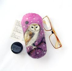 Wet Felted Eyeglasses Case barn owl Ready to Ship  handmade gift for her under 50 USD