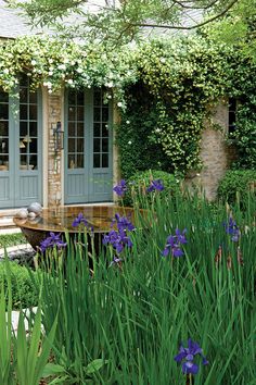 a garden with purple flowers and greenery next to a stone building in the background