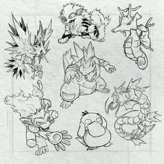 some very cute pokemons drawn in black and white