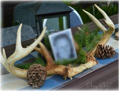 a table topped with antlers and pine cones