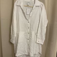 Wear This As A Dress Or Beach Cover Up White Nwt Size L White Tunic Shirt Dress For Spring, White Shirt Dress For Beach Season, Casual White Linen Dress For Brunch, White Button-up Shirt Dress For Vacation, White Summer Shirt Dress For Vacation, White Linen Shirt Dress For Beach, White Summer Shirt Dress For Day Out, Summer Vacation White Shirt Dress, White Linen Shirt Dress For The Beach