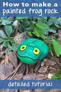 a frog rock sitting on the ground with text overlay that reads how to make a painted frog rock