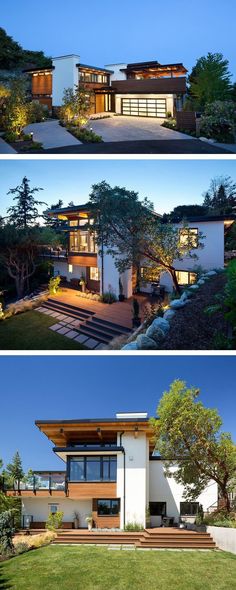 two different views of a modern house at night and in the day, there is an open