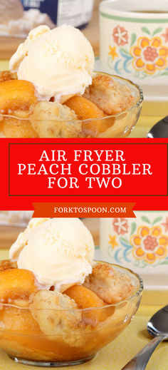 Air Fryer Peach Cobbler -bake single-servings of homemade peach cobbler in the air fryer or Ninja Foodi. Fresh sweetened peaches topped with a crisp streusel-style topping in just 15 minutes. Gluten-free option available. Peach Cobbler For Two, How To Store Peaches, Cobbler For Two, Air Fryer Dessert, Peach Cobbler Ingredients, Recipe For 1