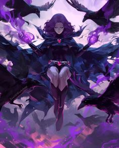 a woman with purple hair sitting on the ground surrounded by birds and flying in the air