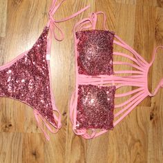 Pink Sparkly Bikini Set. Size Small. Never Worn Party Swimwear With Triangle Top Stretch, Party Swimwear With Triangle Top, Spring Party Strappy Swimwear, Pink Triangle Top Swimwear For Party, Pink Strappy Swimwear For Party, Summer Party Swimwear With Stretch, Pink Sparkly, Womens Swim, Size Small