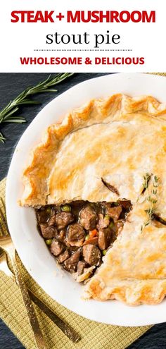 steak and mushroom pot pie on a white plate