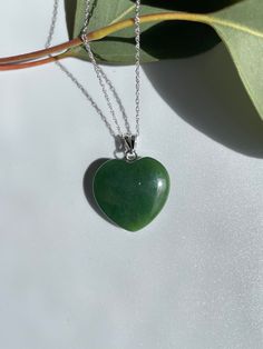 "Available in 22 mm Sterling Silver. Available in 32 mm Sterling Silver. Comes with or without a handcrafted wooden display box. Available with or without a sterling silver chain. Chain comes in 18\", 24\" or 32\" option. All of our jade is 100% Natural Nephrite Jade, sold by a GIA Graduate Gemologist Pictures are of the 22mm heart, on a 18\" chain" Wooden Display Box, 35th Wedding Anniversary, Wooden Display, Pendant Heart, Nephrite Jade, Display Boxes, Sterling Silber, Shades Of Green, Sterling Silver Chains