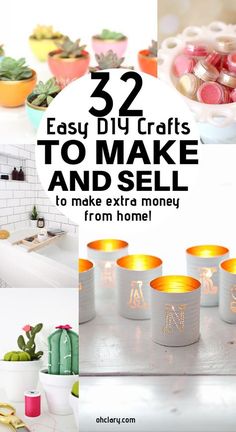 the words 32 easy diy crafts to make and sell are displayed in different images