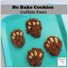 no bake cookies with peanut butter and gluffalo paws on a blue plate