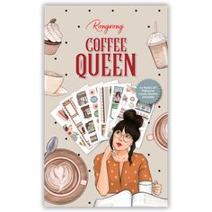 a book cover with coffee queen surrounded by cupcakes and other things on the table