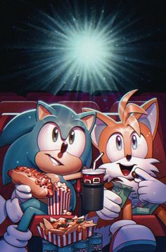 an image of two cartoon cats eating popcorn and drinking sodas in the movie theater