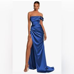 Satin Royal Blue Off The Shoulder Mermaid Dress With Slit- Formal Evening Gown Size M Unused Brand New Off The Shoulder Satin Dress, Off The Shoulder Mermaid Dress, Off Shoulder Evening Dress, Formal Evening Gown, Royal Blue Dress, Satin Prom Dress, Dress Satin, Evening Gowns Formal, Mermaid Dress