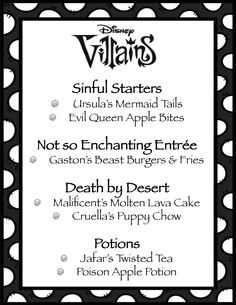 the menu for disney's halloween party is shown in black and white with polka dots