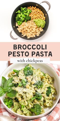 broccoli pesto pasta with chickpeas in a skillet on a red and white checkered towel