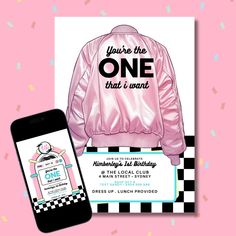 a pink jacket and phone on a checkered background with the text, you're the one that i want