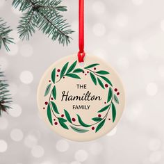 a ceramic ornament hanging from a christmas tree with the words, the hamilton family