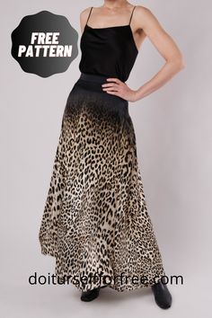 a woman wearing a leopard print skirt and black top with the words free pattern below it