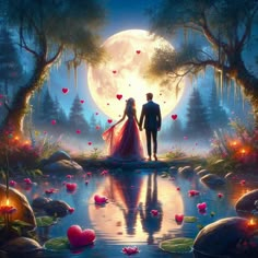 a man and woman standing in front of a lake with hearts floating on the water